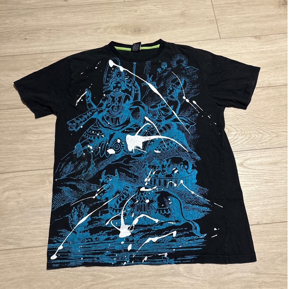 Mecca Mens Graphic T-Shirt Black Blue White Paint Splatter Deity Streetwear 2XL
